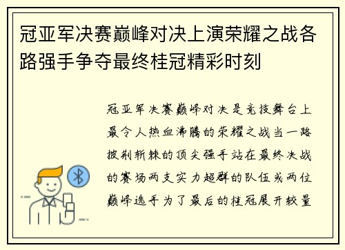 冠亚军决赛巅峰对决上演荣耀之战各路强手争夺最终桂冠精彩时刻